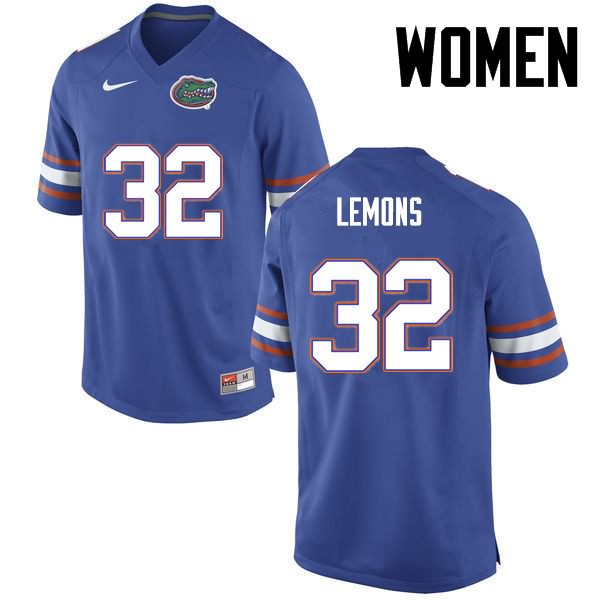 Women's NCAA Florida Gators Adarius Lemons #32 Stitched Authentic Nike Blue College Football Jersey QTJ1565NF